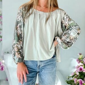 Free People Picking Petals Top Seafoam Green Contrast‎ Sleeves Women's Size S